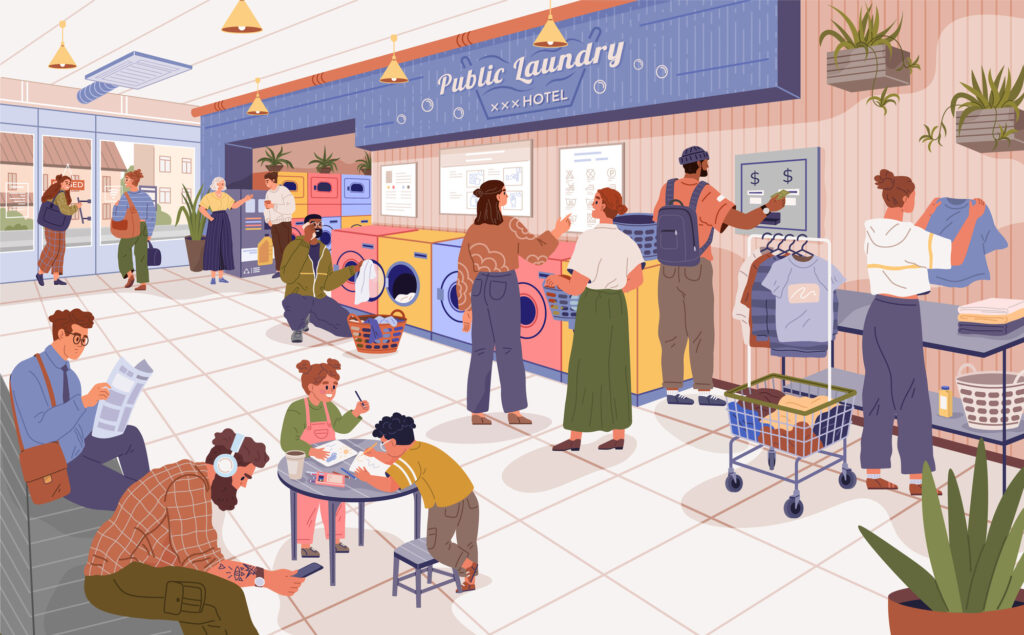 ホテルのコインランドリーを利用する人々のイラスト