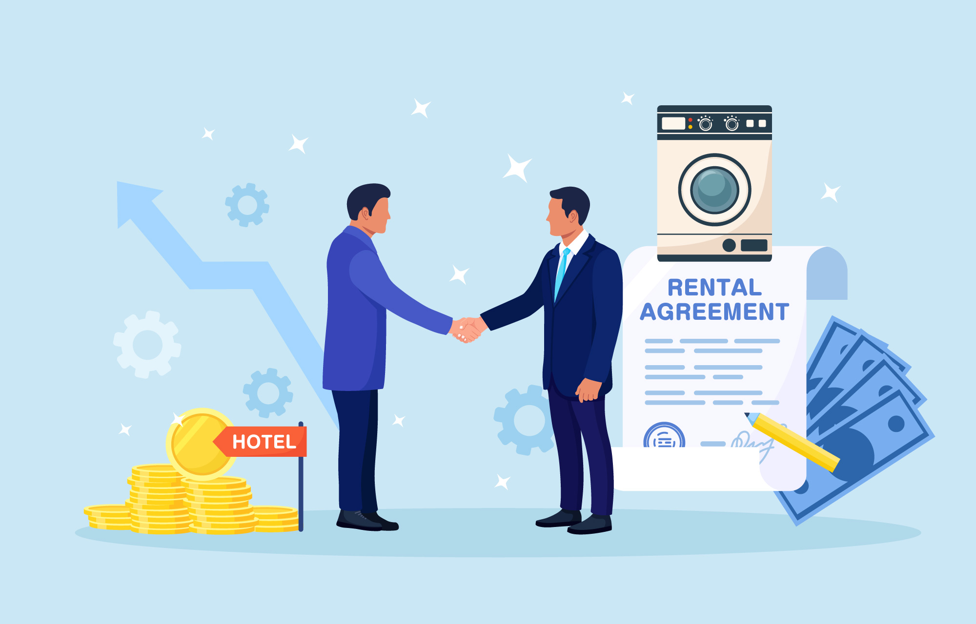 スーツを着た男性が握手を交わしてコインランドリーをレンタル契約するイラスト