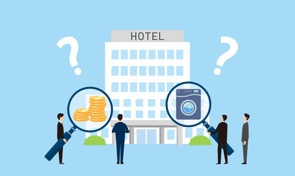 ホテルがコインランドリーのレンタルを導入している理由を虫眼鏡で調査する人々のイラスト